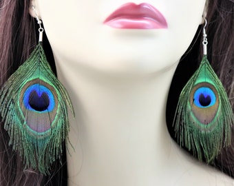 Natural Peacock Feather Earrings, Blue green Feather Boho Chic Style  Natural Jewelry, Gypsy Festival Accessories Gift for Her