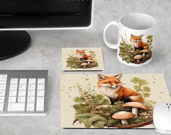 Woodland Fox Personalized Desk Set, Monogram Mouse Pad Coaster Mug Workstation Computer Accessory,  Home Office Decor, Forest Animal