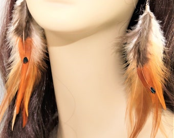 Natural Saddle Feather Earrings, Golden Ringneck Pheasant Plumage Caramel Brown Accessory Boho Chic Style Long Gypsy Festival Jewelry