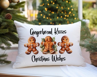 Gingerbread Kisses Christmas Wishes Lumbar Pillow Cover, Cookie Natural or White Holiday Message Throw Cushion Cover Gift
