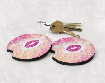 Kissy Lips Valentine Neoprene Car Coaster Sets, Rubber Drink Cushion, Pink Travel Accessory for Truck, Motor Home, Boat Gift for Him, Her