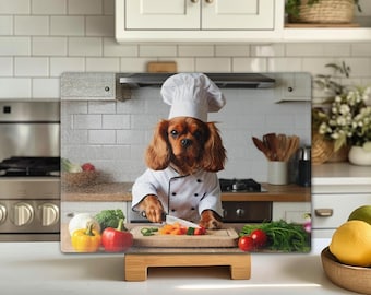 Cavalier King Charles Spaniel Chef Personalized Tempered Glass Cutting Board, Ruby CKCS Chopping Vegetables, Charcuterie Gift for Her or Him