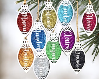 Christmas Light Bulb Personalized Ornament, Layered Stocking Stuffer, Glitter Holiday Name Tags, Wood Tree Decor Gift for Friend Co-worker