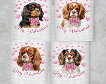 Cavalier King Charles Spaniel My Valentine Kitchen Towel sets, All 4 Colors Waffle Weave Cloths, Blenheim Tri Black and Tan and Ruby