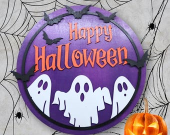 Unfinished Happy Halloween Ghosts w Bats Door Hanger, Wood Round 3D DIY Kit, Precut Unassembled Do It Yourself Craft Project, October Decor