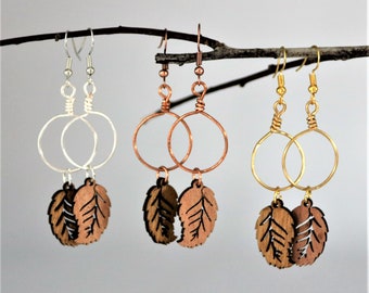 Wood Leaf Natural Fashion Drop Hoop Earring, Autumn Style Lightweight Dangle Hook Accessory, Holiday Jewelry Earring, Christmas gift for Her
