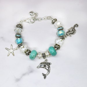 Large Bead Bracelet, Blue Bead Bracelet, Gift for Her, Dolphin Bracelet, Ocean Bracelet, Starfish Bracelet, Seahorse Bracelet, Gift for Mom