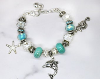 Large Bead Bracelet, Blue Bead Bracelet, Gift for Her, Dolphin Bracelet, Ocean Bracelet, Starfish Bracelet, Seahorse Bracelet, Gift for Mom