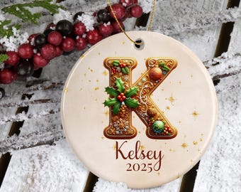 Gingerbread Monogram Personalized Ceramic Ornament, Family Name Christmas Tree Decor
