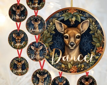 Santa's Reindeer Ornaments Dasher Dancer Prancer Vixen Comet Cupid Donner Blitzed Rudolf, Holiday Christmas Tree Decor