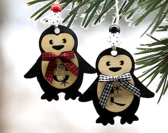 Penguin Personalized Ornaments, Custom Year, Name, Initial Wooden Christmas Tree Decoration, Cute Laser Cut Festive Holiday Decor