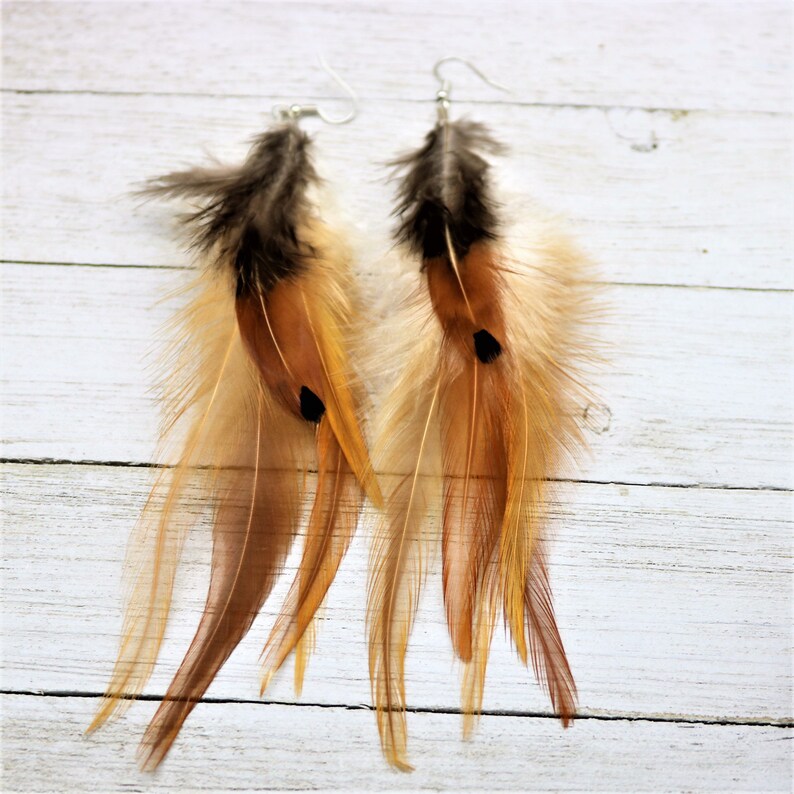 Natural Saddle Feather Earrings Golden Ringneck Pheasant Plumage Caramel Brown Accessory Boho Chic Style Long Gypsy Festival Jewelry