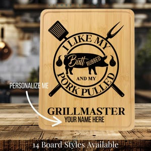 Personalized Funny Charcuterie Board, Pulled Pork and Butt Rubbed Grillmaster, Smoked Barbecue Kitchen Accessory, Engraved Wood Grill Gift