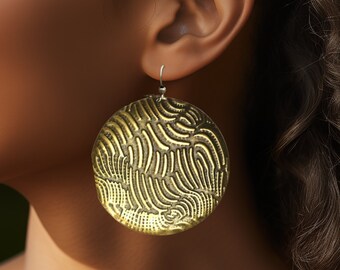 Antique Brass Large Circle Earrings, Embossed Lightweight Metal Earrings, Every Day Accessory