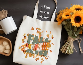 Fall Retro Leaves, Pumpkin, Spice Organic Cotton Tote Bag, Personalized Autumn Shopping Carry All, Eco Friendly Seasonal Resueable Canvas