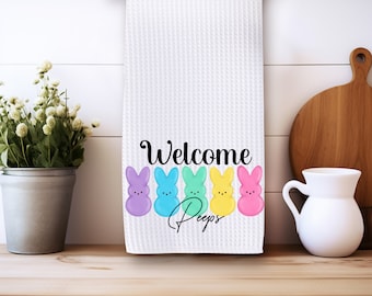 Easter Welcome Peeps Kitchen Towel Farmhouse Decor, Bright Colored Bunny Micro Fiber Spring Holiday Dish Towels,