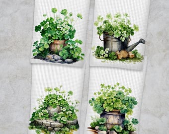 St Patricks Day Dish Shamrock Kitchen Towels, Four Leaf Clover Irish Kitchen Cloth Sets, Celtic Themed Spring Holiday Decor Sets or Singles