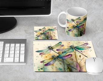 Dragonflies Desk Set, Purple Green Mousepad and Coaster Work Station Accessory, Office Computer Table Decor, Stain Resistant Neoprene Rubber