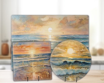 Sunset Beach, Sparkling Sand and Ocean on a Tempered Glass Cutting Board, Modern Chopping Tray, Serving Placemat, Charcuterie Board