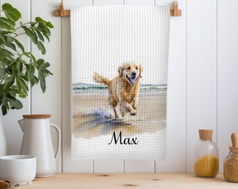 Golden Running on a Beach Kitchen Towel, Dish Cloth Set, Pet Lover Decor, K9 Gift for Dog Mom Birthday, Christmas, Special Culinary Occasion