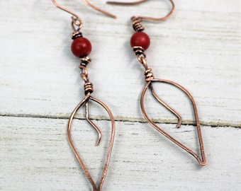 Copper Wire Wrapped Leaf Beaded Earrings, Handmade Hammered Patina Accessories, Autumn Fall Jewelry, Gift for Her
