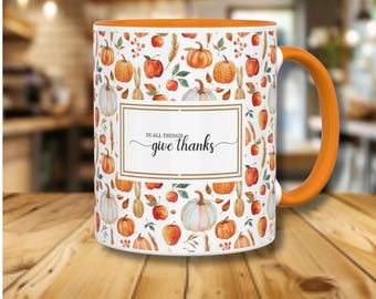 Autumn Leaves and Pumpkins Mug: Ceramic Latte Drinkware with Orange Handle