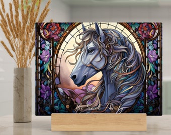 Personalized Fantasy Horse Tempered Glass Cutting Board, Faux Stained Glass , Animal Themed Chopping Tray, Functional Kitchen Home Decor