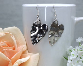 Hammered Stainless Steel Heart Earrings, Silver Heart Earrings, Heart Dangle Girlfriend Earrings Everyday Wear, Valentine Day Gift for Her