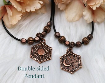 Copper Sun Moon and Stars Double Sided Pendant on Adjustable Premium Leather Cord, Antiqued Celestial Beaded Necklace, Natural Earth Jewelry