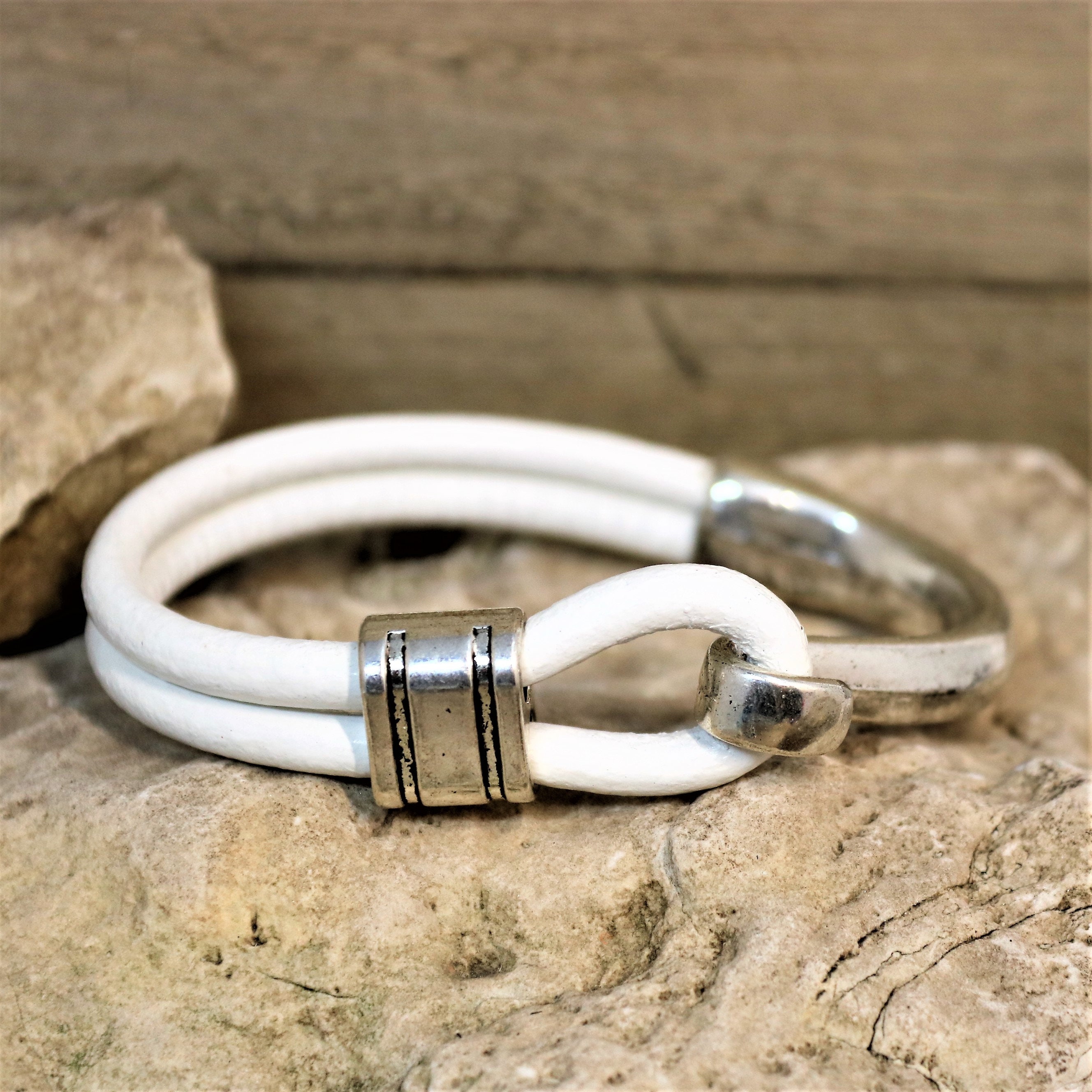 Half Cuff leather Bracelet, Silver Hook Bracelet, Leather Hook