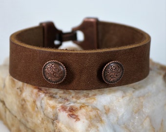 Leather Western Style Vintage Copper Studded Hook Closure Bracelet, Gender Neutral Jewelry Accessory Gift for Her or Him