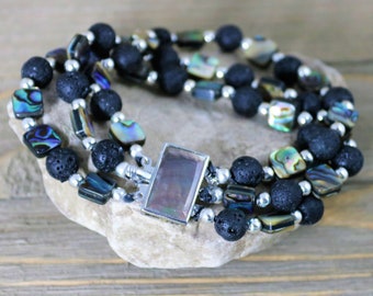 Rainbow Abalone Paua Sea Shell and Lava Stone Bracelet, Healing Stone Bracelet, Lava Rock Bracelet, Wellness Bracelet, Gift for Her