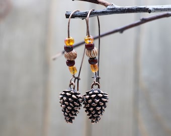 Antique Copper Pinecone Dangle Earrings, Autumn Style Ear Wire Drop Fall Earrings, Gift for Her