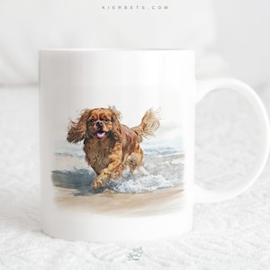 Taza de cerámica Cavalier King Charles Spaniel corriendo en la playa, All 4 CKCS, Blenheim, Tri, Ruby, Black and Tan CKCS, idea de regalo para amantes de los perros