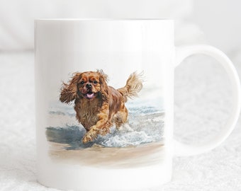 Cavalier King Charles Spaniel Running on the Beach Ceramic Mug, All 4 CKCS, Blenheim, Tri, Ruby, Black and Tan CKCS Dog Lover Gift  Idea