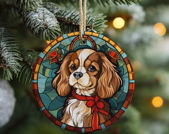 Cavalier King Charles Spaniel Christmas Tree Ornament, Faux Stained Glass CKCS Tree Decoration, Ceramic Double Sided Holiday Hanging Deco