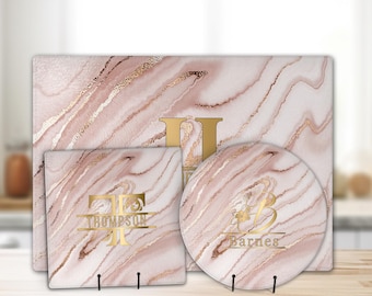 Rose Gold Marble Personalized Tempered Glass Cutting Board,  Chopping Tray, Serving Placemat, Charcuterie Board, All Occasion Gift