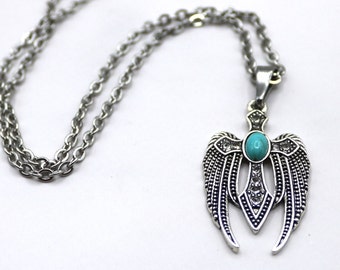 Turquoise Angel Wings and Crystal Cross Pendant Necklace, Western Style Rhinestone Rememberance Keepsake, Jewelry Gift for Men or Women