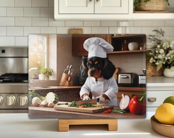 Cavalier King Charles Spaniel Chef Personalized Tempered Glass Cutting Board, CKCS Black and Tan Chopping, Charcuterie, Gift for Her or Him