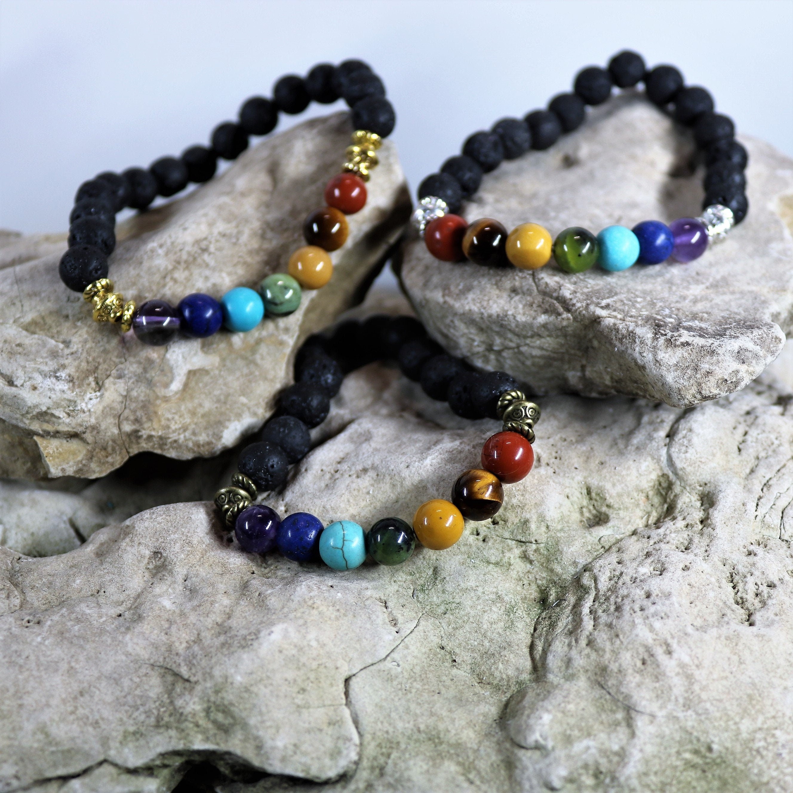 Seven Chakra Mala Bracelet, EO Lava Rock Diffuser, Shungite Bracelet