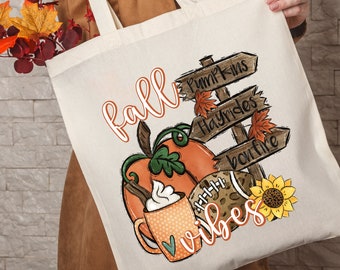 Fall Vibes Pumpkin Patch Signs Organic Cotton Tote Bag, Personalized Autumn Shopping Carry All, Eco Friendly Seasonal Resueable Canvas