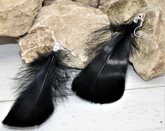 Natural Black Feather Earrings, Bohemian Festival Style Earrings, Boho Chic Feather Earrings, Gift for Her