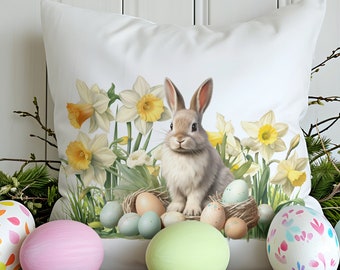 Bunny in Daffodils with Easter Eggs Pillow Cover, Spring Watercolor Rabbit Flowers Accent Pillow, Farmhouse Cottage Style Home Throw Cushion