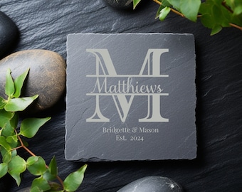 Slate Coaster Engraved Modern Monogram Wedding, Housewarming, New Place, Home Decor Gift