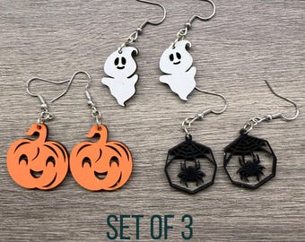 Halloween Dangle Earrings, Cute Pumpkin, Ghost and Spider Web Hypoallergenic Surgical Steel Ear Hooks, Fall Jewelry, Set of Three