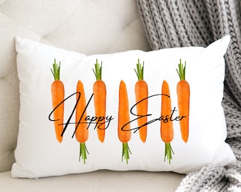 Happy Easter Carrots Lumbar Pillow Cover, Easter Spring Orange Accent Pillow, Farmhouse Cottage Style Pink Blue Home Throw Cushion Cover