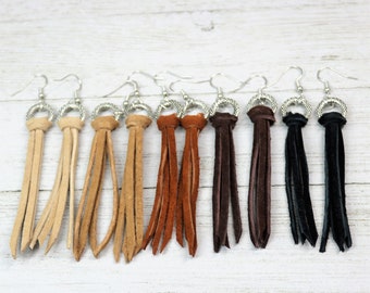 Suede Leather Tassel Fringe Earrings, Boho Chic Long Earrings, Bohemian Real Suede Earrings, Authentic Leather Jewelry,  gift for her