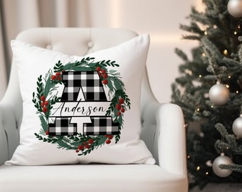 Buffalo Black and Red Check Plaid Personalized Pillow Cover with Holly Berry Wreath, Decorative Throw Pillow, Holiday Seasonal Home Decor