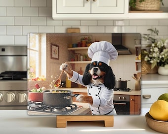 Cavalier King Charles Spaniel Chef Personalized Tempered Glass Cutting Board, Tri CKCS Cooking Kitchen Art, Charcuterie Gift for Her or Him