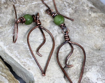 Copper Wire Wrapped Leaf Beaded Earrings, Handmade Hammered Patina Accessories, Autumn Fall Jewelry, Gift for Her